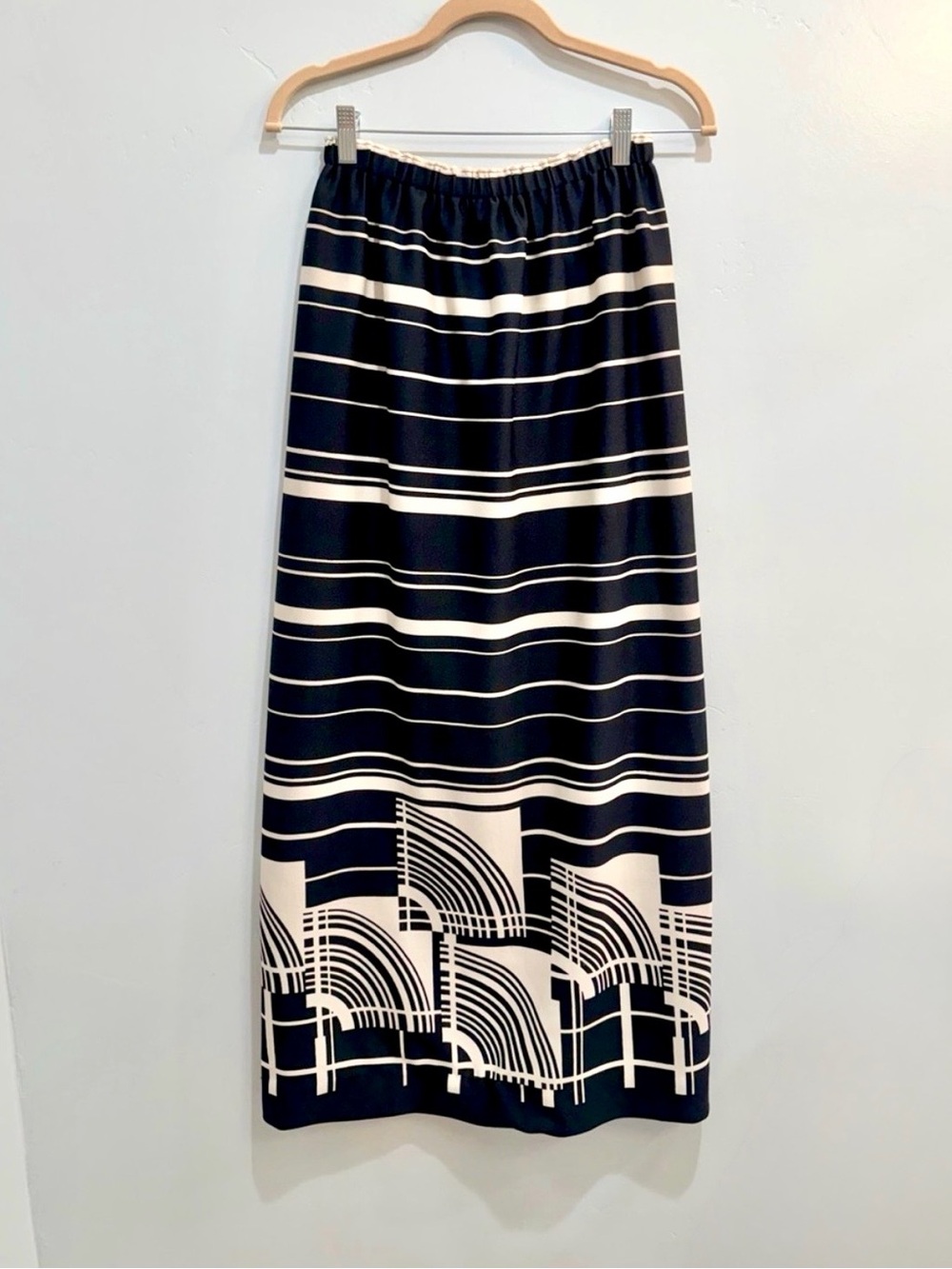 Vintage 70s Art Deco Geometric Maxi Skirt Black Cream Striped Mid Century M